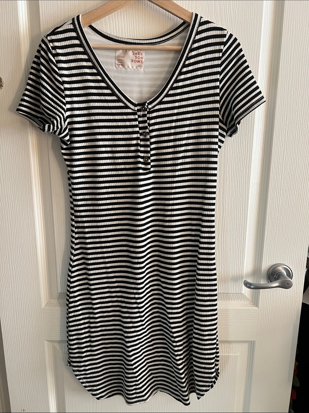 Jackson Rowe Black & White Striped Ribbed Henley Dress